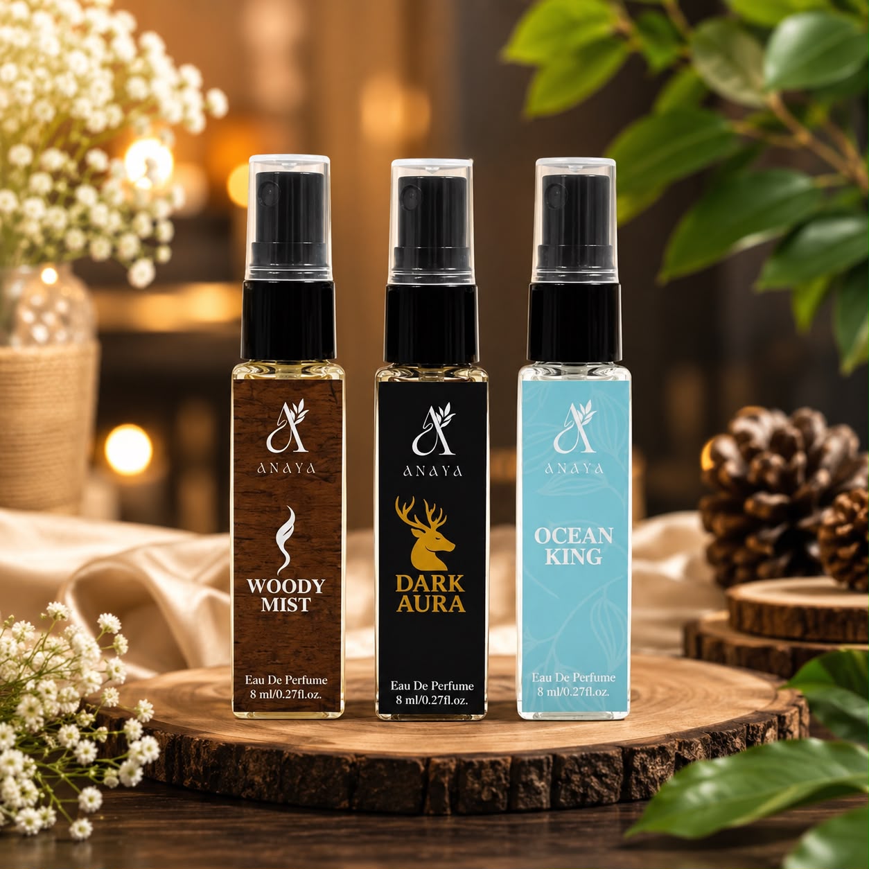 Anaya Luxury Perfume Trio – Woody Mist, Dark Aura & Ocean King | Pack of 3 (8ml Each) | Long Lasting Eau De Parfume for Men