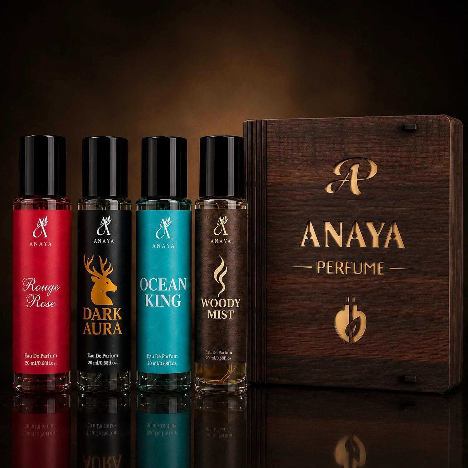 ANAYA Luxury Perfume Gift Set – Pack of 4 Premium Eau De Parfum | Rouge Rose, Dark Aura, Ocean King & Woody Mist