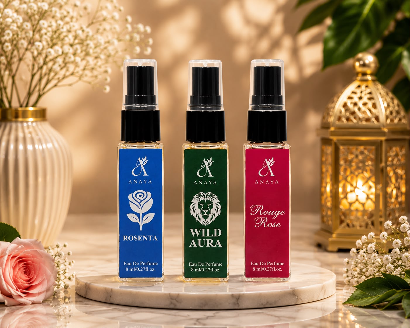 Anaya Luxury Perfume Discovery Set – Rosenta, Wild Aura & Rouge Rose | 3 x 8ml Eau De Parfum Gift Pack for Men & Women